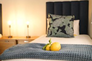 塞雷斯The Lemon Tree的一张带两个橙子和蓝色毯子的床