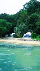阁遥岛Touch Glamping Koh Yao Noi ทัช แกรมปิ้ง เกาะยาวน้อย的两顶帐篷,位于海边
