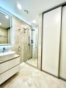 考纳斯Luxury Central Apartment in Putvinskio street的带淋浴和盥洗盆的浴室