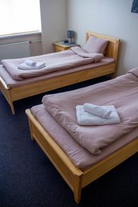 陶格夫匹尔斯Olimpija Hotel & SPA的客房内的两张床和毛巾