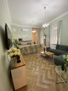 布达佩斯PJ apartment的带沙发的客厅和厨房