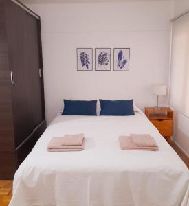 门多萨Mendoza Apartment的卧室配有白色的床和2条毛巾