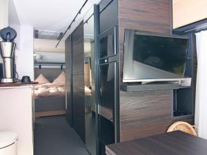 LütowDreamer luxury caravan on the backwaters, Lütow的一间配有电视的小房间和一间卧室