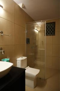 帕纳吉Shri Mahamaya的一间带卫生间和玻璃淋浴间的浴室