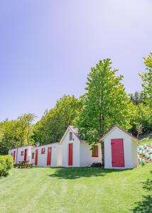 特卡波湖Mount Cook Station Huts的草场上一排带红色门的白色建筑