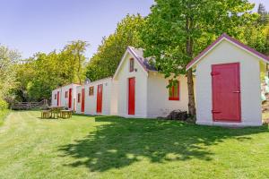 特卡波湖Mount Cook Station Huts的院子里一排带红色门的房屋