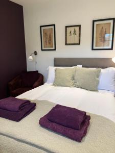 威利斯伯恩黑斯庭The Burrow的卧室配有一张白色大床,上面有紫色毛巾