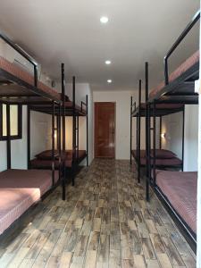 帕罗林BunkNBrew的客房设有四张双层床,铺有木地板。