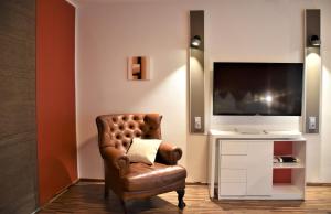 维也纳奥加唐公寓的客厅配有棕色皮椅和电视