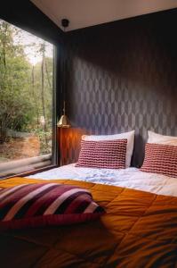 宁斯佩特Coco’s Buitenhuisje的卧室内的一张带两个枕头的床和一个窗户