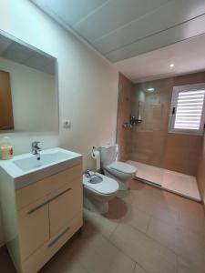 瓦伦西亚Chalet con piscina privada的一间带卫生间、水槽和镜子的浴室