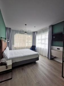 帕伦西亚唐罗德里戈酒店的一间卧室设有一张床和一个大窗户