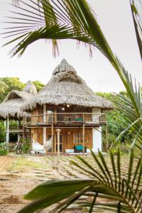 帕洛米诺UUTTAAKA Eco-Hotel的茅草屋顶和棕榈树的房子