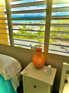 卡沃罗霍2-BR Modern Oceanfront Apt Steps from Playa Sucia的一间卧室配有一张床、一张桌子和一个窗户。