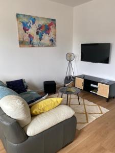 蓬托尔松Gîte mont-blan的带沙发和电视的客厅