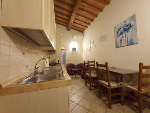 圣吉米纳诺Appartamenti Tinacci的厨房配有水槽和桌椅