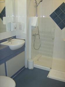 曼彻斯特钻石旅馆的一间带水槽、淋浴和卫生间的浴室