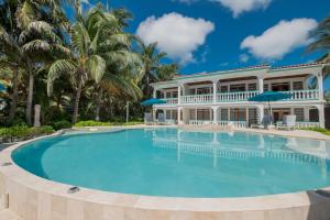 圣佩德罗Coral Bay Villas的棕榈树屋前的大型游泳池