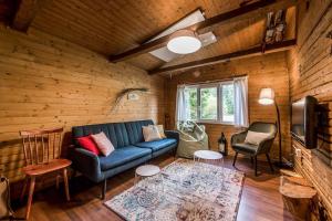 LučivnáOld Fashioned Cottage in Lopusna dolina near High Tatras的客厅配有蓝色的沙发和椅子