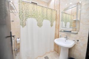 利雅德Aseel Alsharq Hotel的浴室配有淋浴帘和盥洗盆。