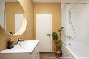 莫伊西德约斯Casa269b - Cozy house with scandinavian design的一间带水槽、淋浴和镜子的浴室