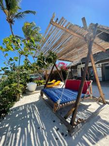 平圭Bitcoin Beach Hotel Zanzibar的棕榈树海滩上的吊床