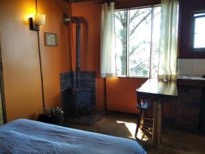 拉古纳贝尔德Terrazas de Laguna Verde的一间卧室配有燃木炉、一张床和一张书桌