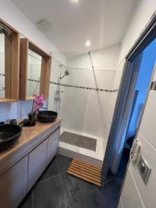 马赛Suite parentale indépendante的带淋浴、盥洗盆和浴缸的浴室