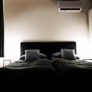 锡盖特堡Kis Ház Apartman的一间卧室配有两张带枕头的床。