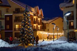 古多里Luxury hotel room with amazing views的灯火通明的建筑前的圣诞树
