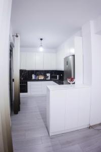 戈里察GRANDE APARTMENT KORCE的厨房配有白色橱柜和不锈钢冰箱