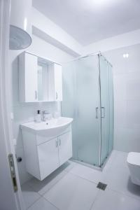 戈里察GRANDE APARTMENT KORCE的带淋浴和盥洗盆的白色浴室