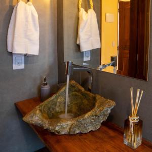 戈亚斯州上帕莱索Espaço Canela-de-Ema的浴室设有石制水槽。