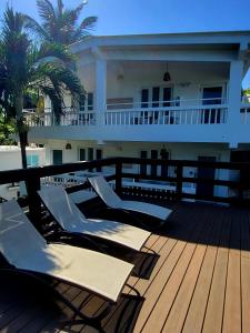 林康Serenity Rincon Guesthouse的房屋内带躺椅和棕榈树的甲板