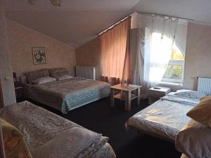 捷尔诺波尔Готель Жасмин的酒店客房设有两张床和窗户。