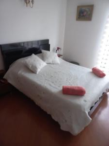 波哥大APARTA-HOTEL BADEN的一张白色的床,上面有红色的物体