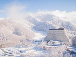 猪苗代町猪苗代翼塔楼李斯特酒店的一座白雪 ⁇ 的山,有一座建筑和一条河流