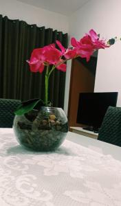 库亚巴Apartamento inteiro próximo à Miguel Sutil的一张桌子上装着粉红色花的花瓶
