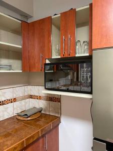 瓦拉斯Apartamento a 10 min del centro de la ciudad的厨房配有微波炉和冰箱。