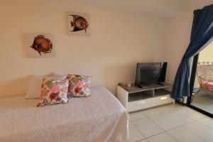 乌马考Portobello Palmanova, Palmas del Mar, Humacao, PR的一间卧室配有一张床,并在橱柜上配有电视