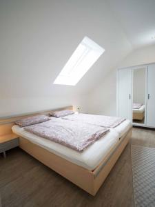 梅尔齐希Ferienhaus Müller的一间卧室配有一张带天窗的大床