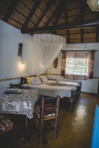 白河Thokozani Lodge的一间卧室设有两张床和窗户。