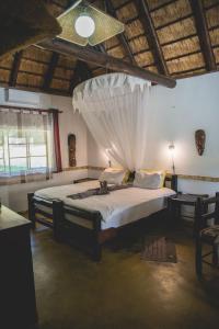 白河Thokozani Lodge的一间卧室配有一张带蚊帐的床