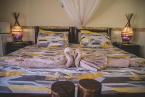 白河Thokozani Lodge的一张带毯子的床和两盏灯