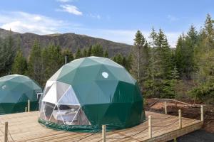 塞尔福斯Golden Circle Domes - Glamping Experience的两顶绿色帐篷位于带山脉背景的甲板上