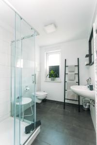 德绍Das Schlafgut Dessau的一间带玻璃淋浴和水槽的浴室