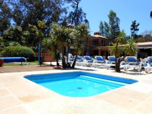 埃斯特角城Rincon del Este的一个带椅子的庭院和房子的游泳池