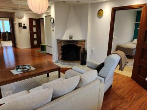 卡特琳娜霍尔姆Luxury Villa 130 m2的客厅设有两张沙发和一个壁炉