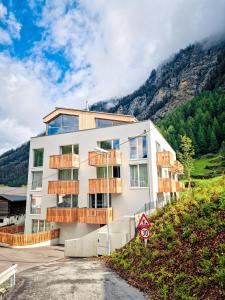 索尔登All-Suite Resort Zwieselstein - Sölden的山丘上的建筑,背景是山脉
