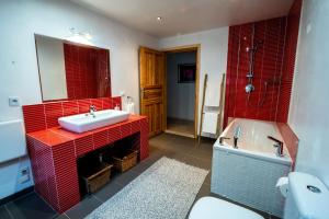 斯克拉斯卡波伦巴Stara Szlifiernia的浴室配有盥洗盆、卫生间和浴缸。